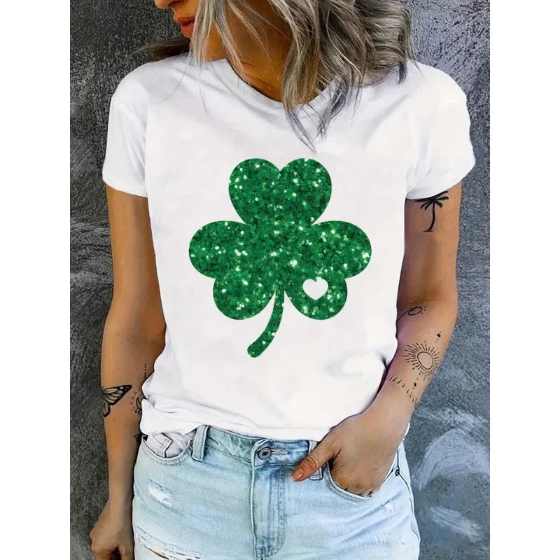 Summer Clover 3D Printed T-Shirt for Women Stylish Short Sleeve St Patricks Day Tee