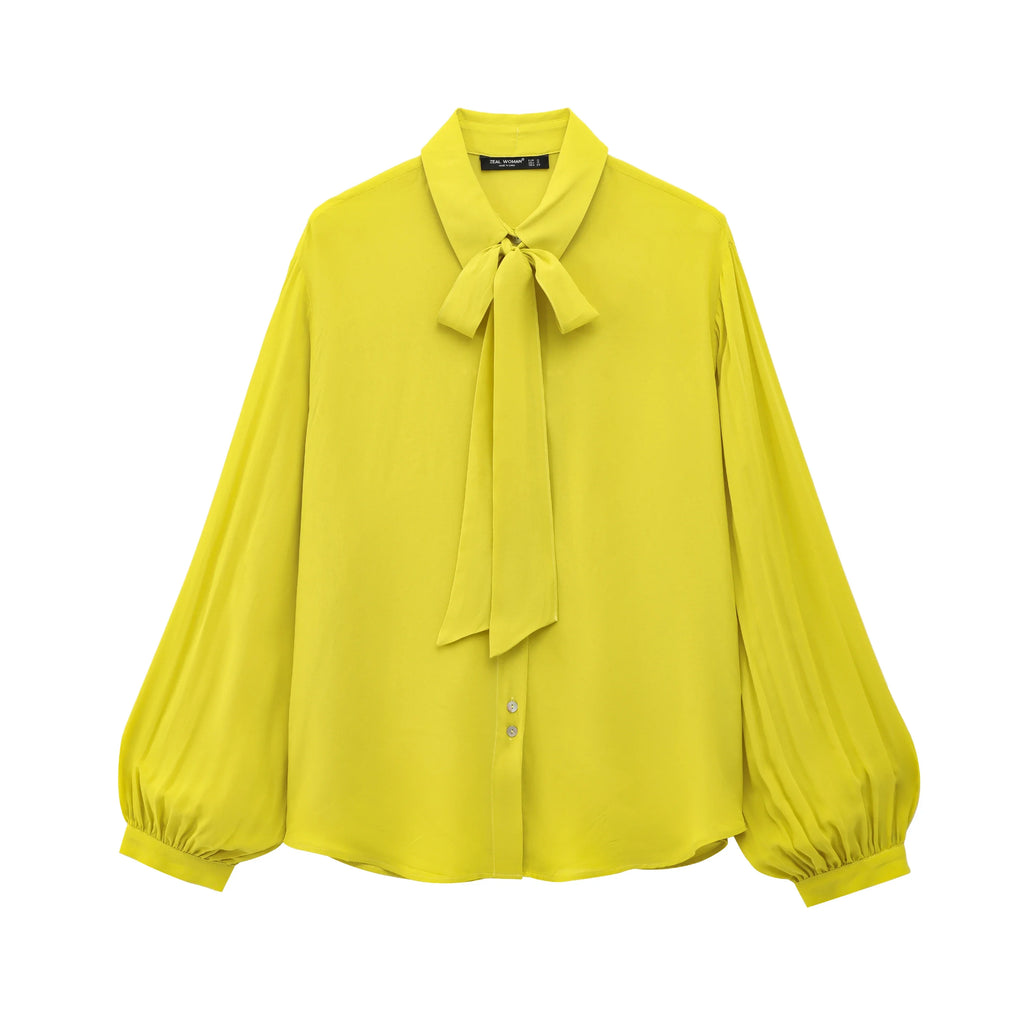 Elegant Solid Long Sleeve Bow Tie Blouse for Women Office Wear All-Match Drawstring Top Shirt in vibrant yellow by TRAFSHE.