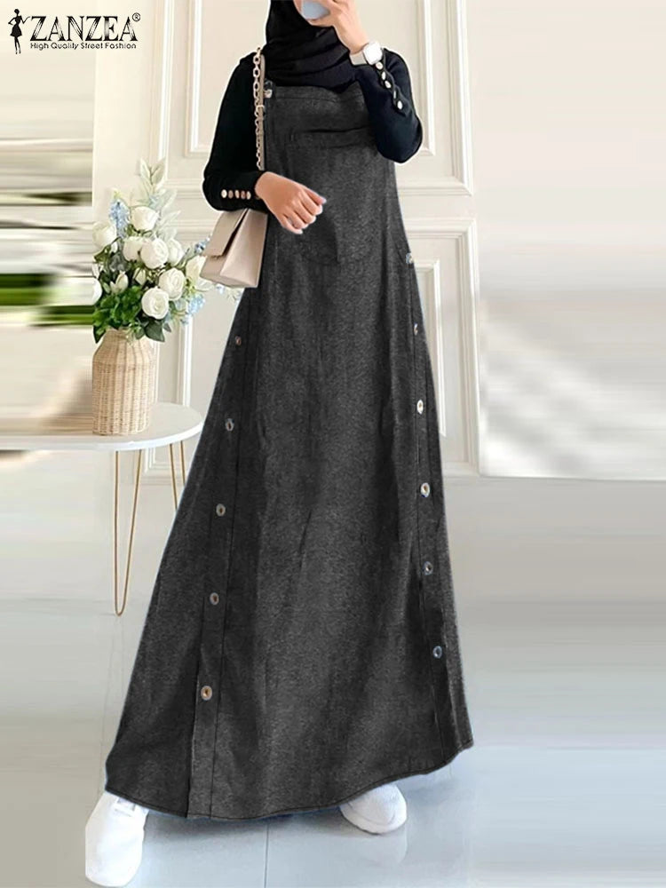 Islamic Abaya Maxi Dress Sleeveless Kaftan With Front Pockets