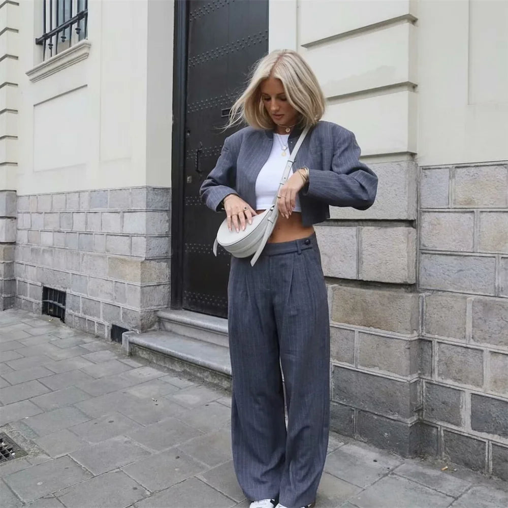 Striped Suit Set For Women With Jacket And Wide Leg Pants