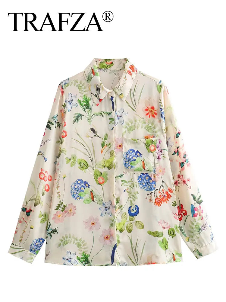 TRAFZA's Elegant Women Floral Print Lapel Blouse Single Breasted Long Sleeve Casual Chic Top features vibrant floral design.