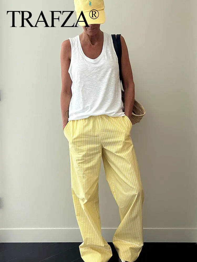 Stylish Summer Women’s Yellow Striped High Waist Drawstring Loose Casual Straight Long Pants by TRAFZA for effortless comfort.