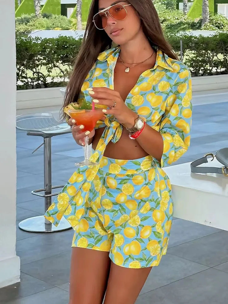 Yellow Fruit Print Lace Up Crop Top and High Waist Shorts Set for Women