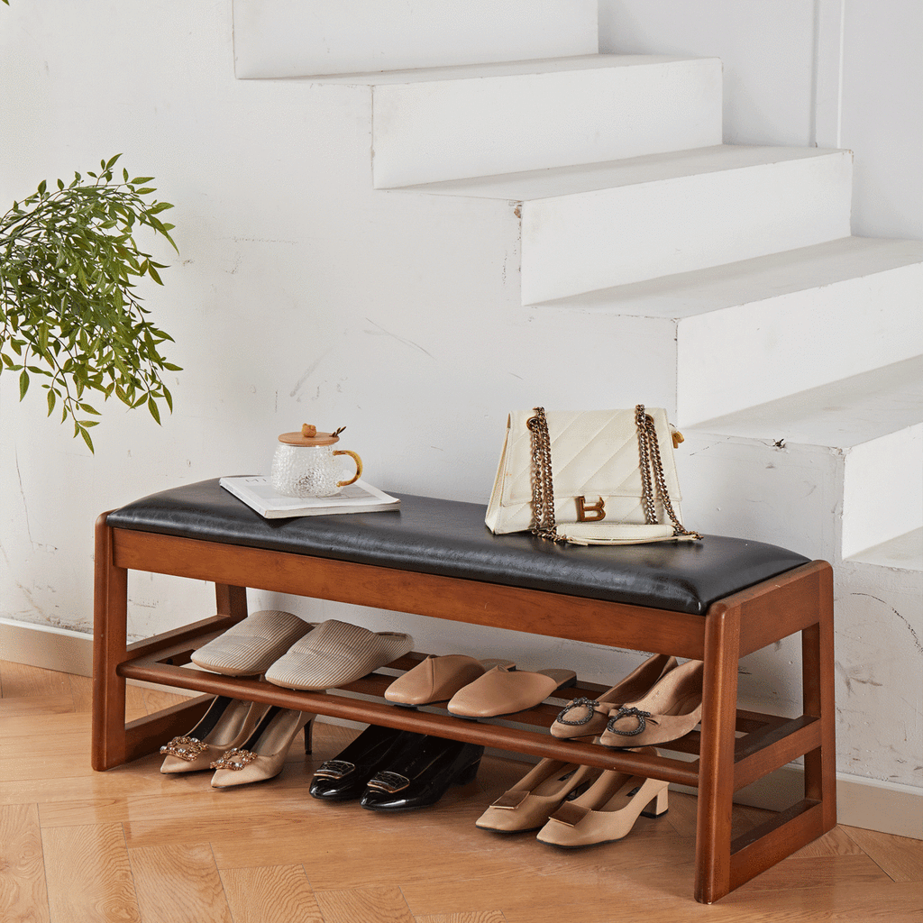 A 40-inch wooden shoe stool with PU pads, a 2-layer shoe rack entrance bench with storage boxes, and durable wooden stools for entrances, corridors, living rooms, bedrooms, and closets
