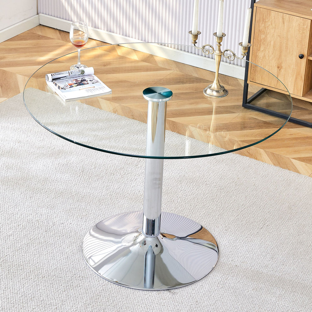 A glass tabletop with a diameter of 39.7 inches and a modern minimalist circular dining table with electroplated silver metal legs. Suitable for restaurants, living rooms.W1151S01504