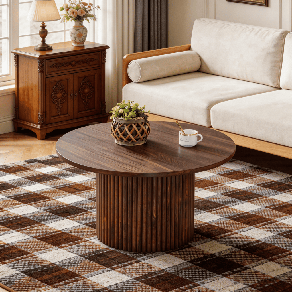 A modern circular coffee table with a diameter of 27.5 inches interprets home aesthetics and practicality. MDF material,cylindrical table leg design.Becoming the visual focal point of home decoration.