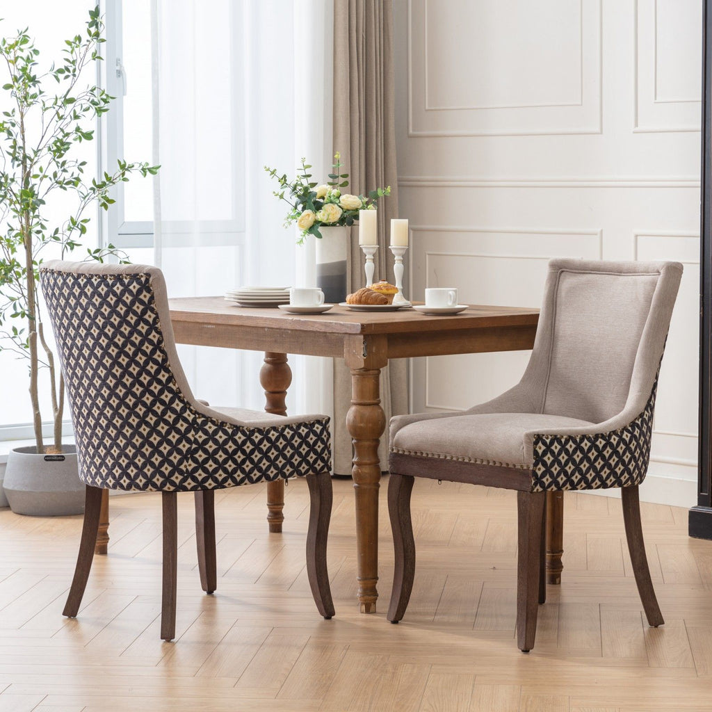 A&A Furniture, Ultra Side Dining Chair, Thickened fabric chairs with neutrally toned solid wood legs, Bronze nail head, Set of 2, Beige and Patterned,SW2207BG