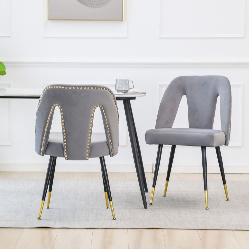 A&A Furniture,Akoya Collection Modern | Contemporary Velvet Upholstered Dining Chair with Nailheads and Gold Tipped Black Metal Legs, Gray, Set of 2