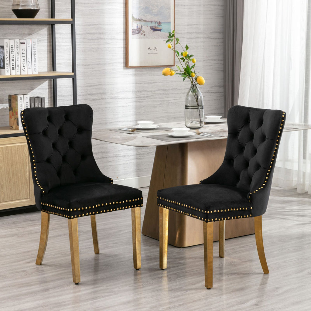 A&A Furniture,Nikki Collection Modern, High-end Tufted Solid Wood Contemporary Velvet Upholstered Dining Chair with Golden Stainless Steel Plating Legs,Nailhead Trim,Set of 2, Black and Gold, SW1601BK