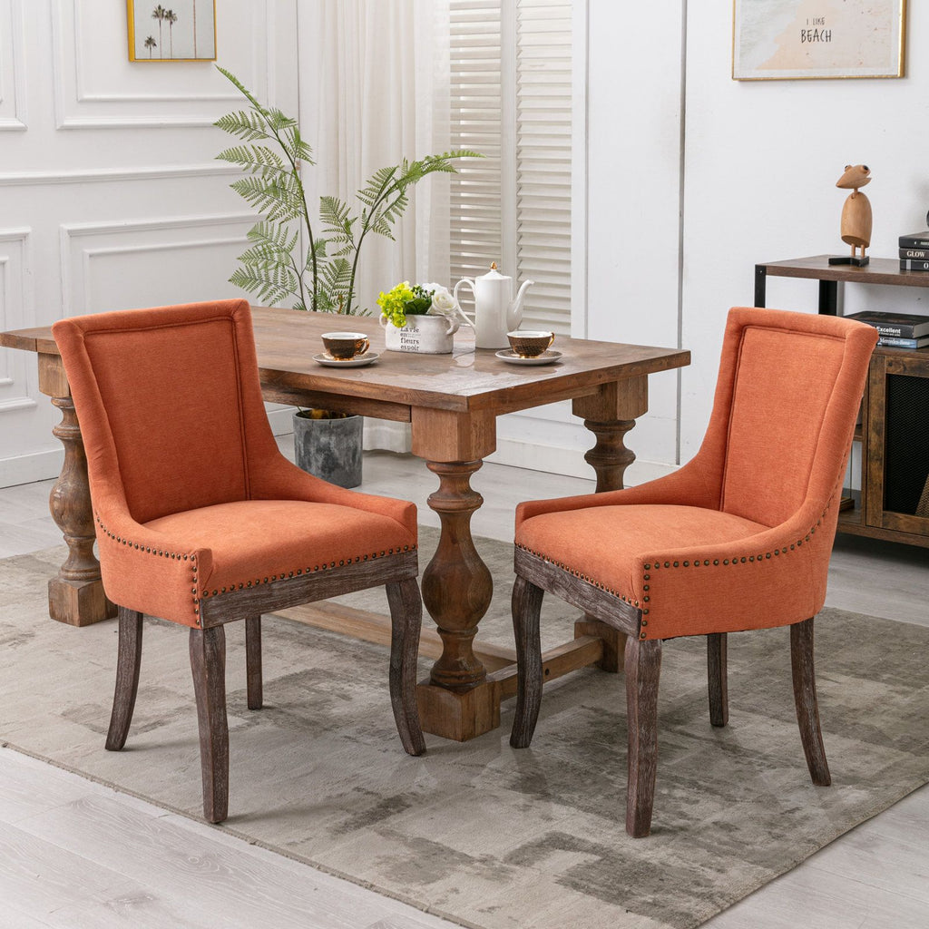 A&A Furniture,Ultra Side Dining Chair, Thickened fabric chairs with neutrally toned solid wood legs, Bronze nail head, Set of 2, Orange