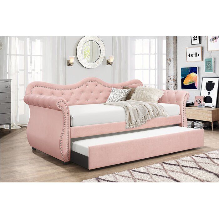 Abby Upholstered Velvet Wood Daybed with Trundle in Pink