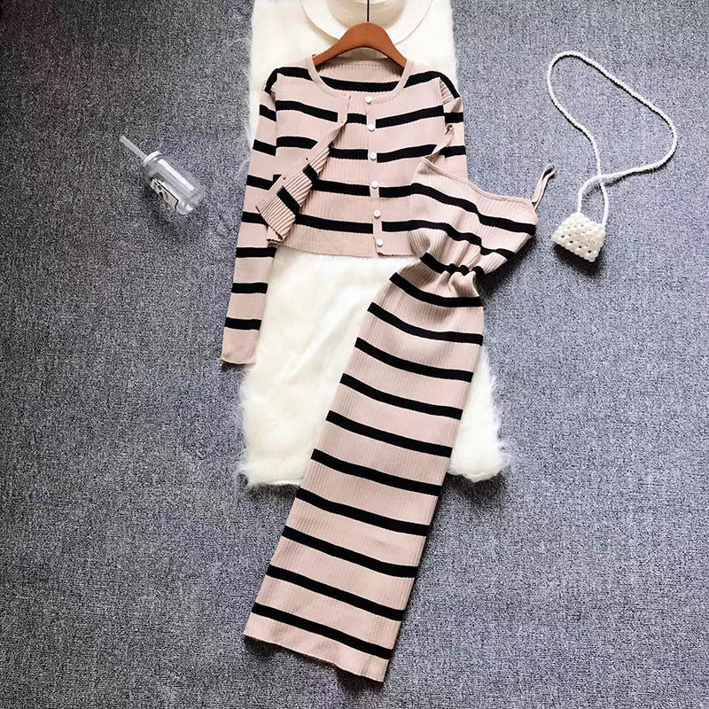 Sweet Colorful Patchwork Striped Spaghetti Strap Dress with O Neck Long Sleeve Cardigan Set Two Piece Outfit