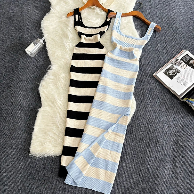 Striped Summer Elastic Split Bodycon Dress for Women Casual Beach Vacation Maxi Dress Slim Fit Sundress - NIICY
