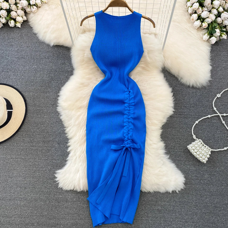 Summer Green and Black Knitted Robe with O Neck Sleeveless Hollow Out Bodycon Dress with Split Fork Long Vestidos