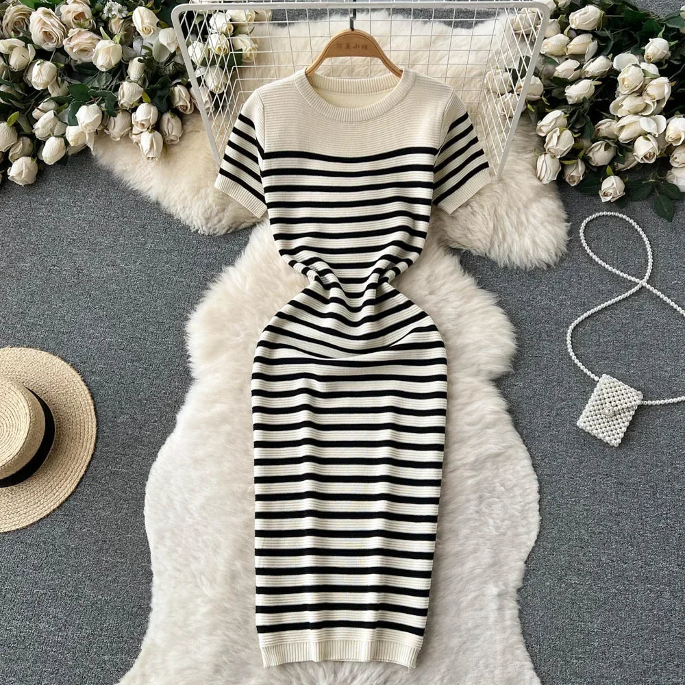 Summer Striped Beach Knitted Dress with O Neck Short Sleeves and Slim Bodycon Fit in Midi Length for Casual and Streetwear Style - NIICY