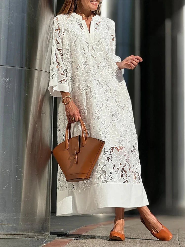 White Embroidery Lace Dress for Women Spring and Summer V Neck Hollow Out Boho Long Party Dress Casual Cover Up