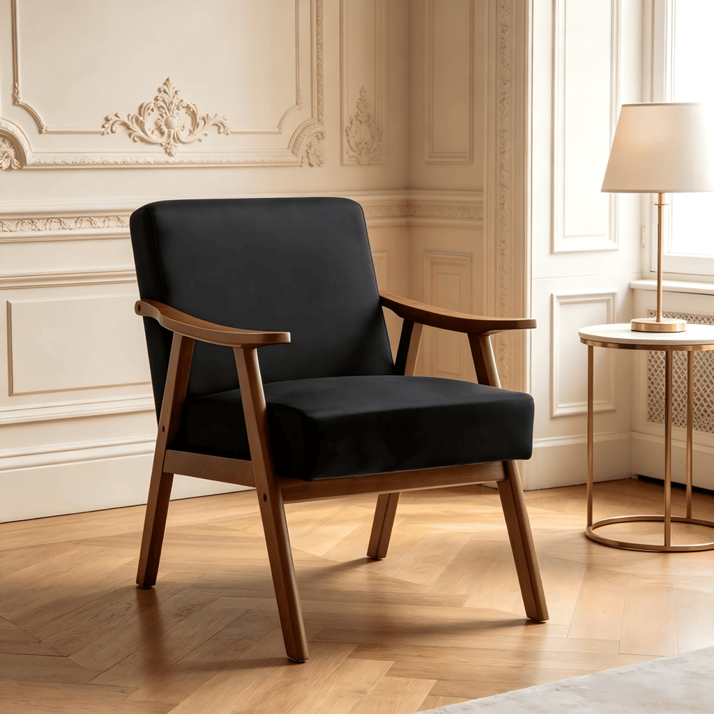 Accent Chair with Velvet Upholstery and Solid Wood Frame, Classic Mid-Century Modern Living Room Furniture for Extra Seating, Black