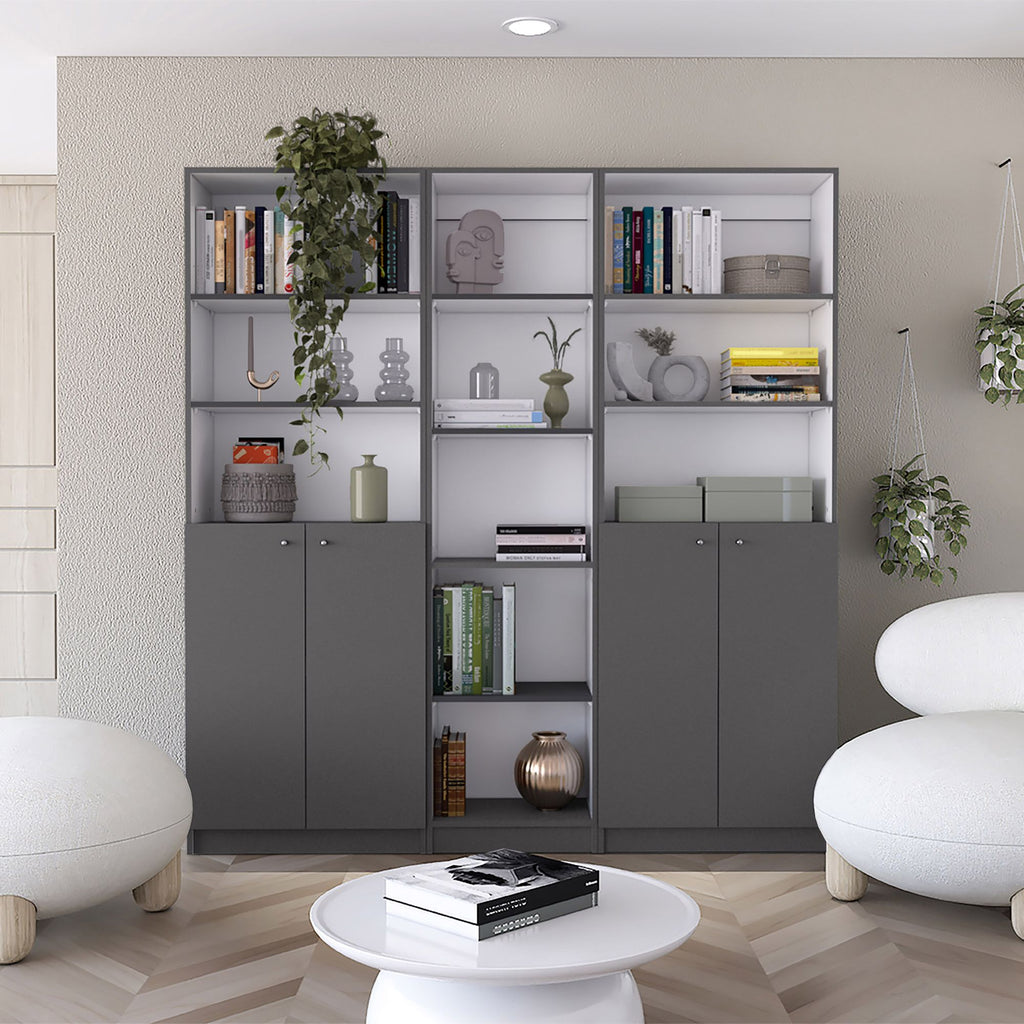 Acres 3 Piece Home Bookcase set, 67" Wide with 11 Shelves and Two Double-Door Cabinet , Living Room Set Matt Gray / White