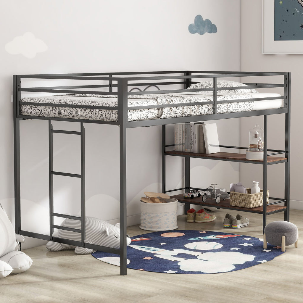 Adam junior twin loft bunk black with Cinnamon wood shelf