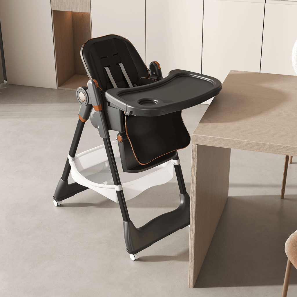 Adjustable Baby High Chair 0-6 Years – Portable Infant Feeding Seat with Safety Belt, Silent Lockable Wheels & Easy-Clean Design for Home, Dining, Living Room, Bedroom (Black)