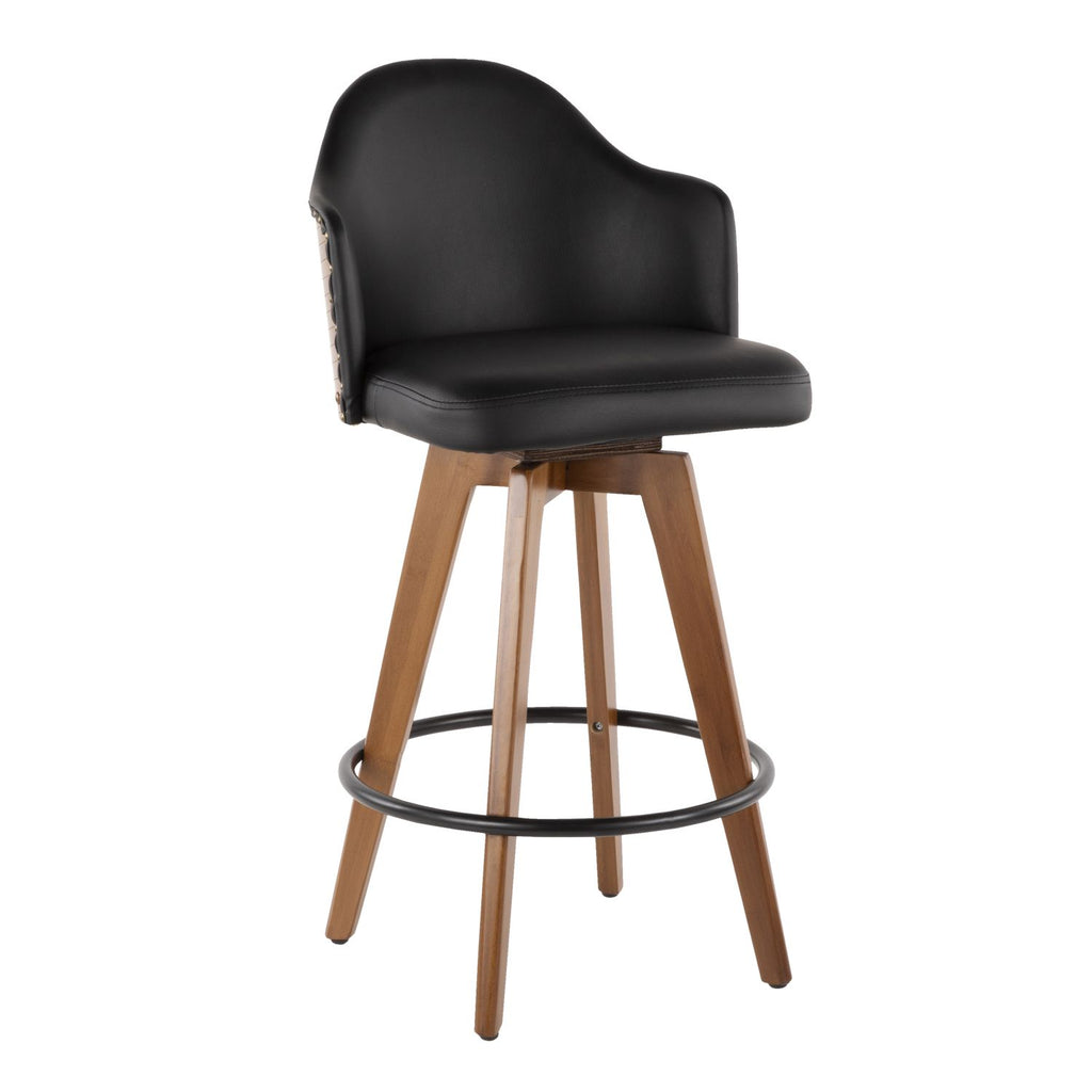 Ahoy Mid-Century Counter Stool in Walnut and Black Faux Leather by