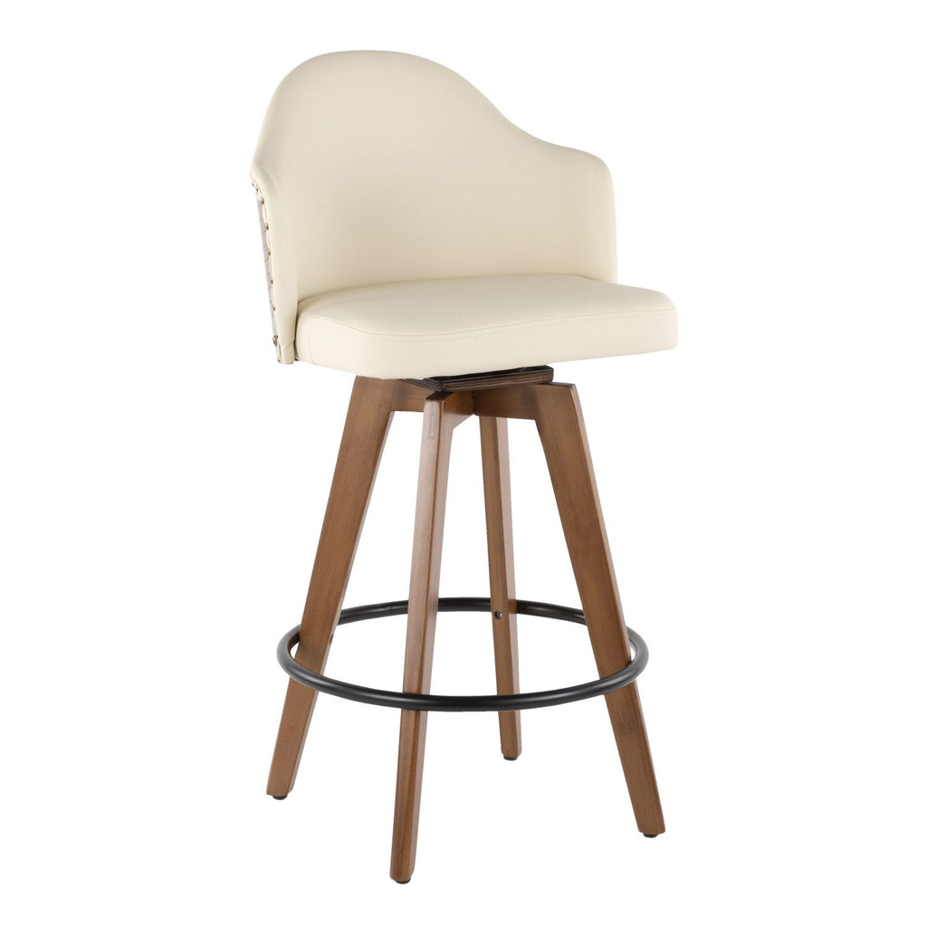 Ahoy Mid-Century Counter Stool in Walnut and Cream Faux Leather by