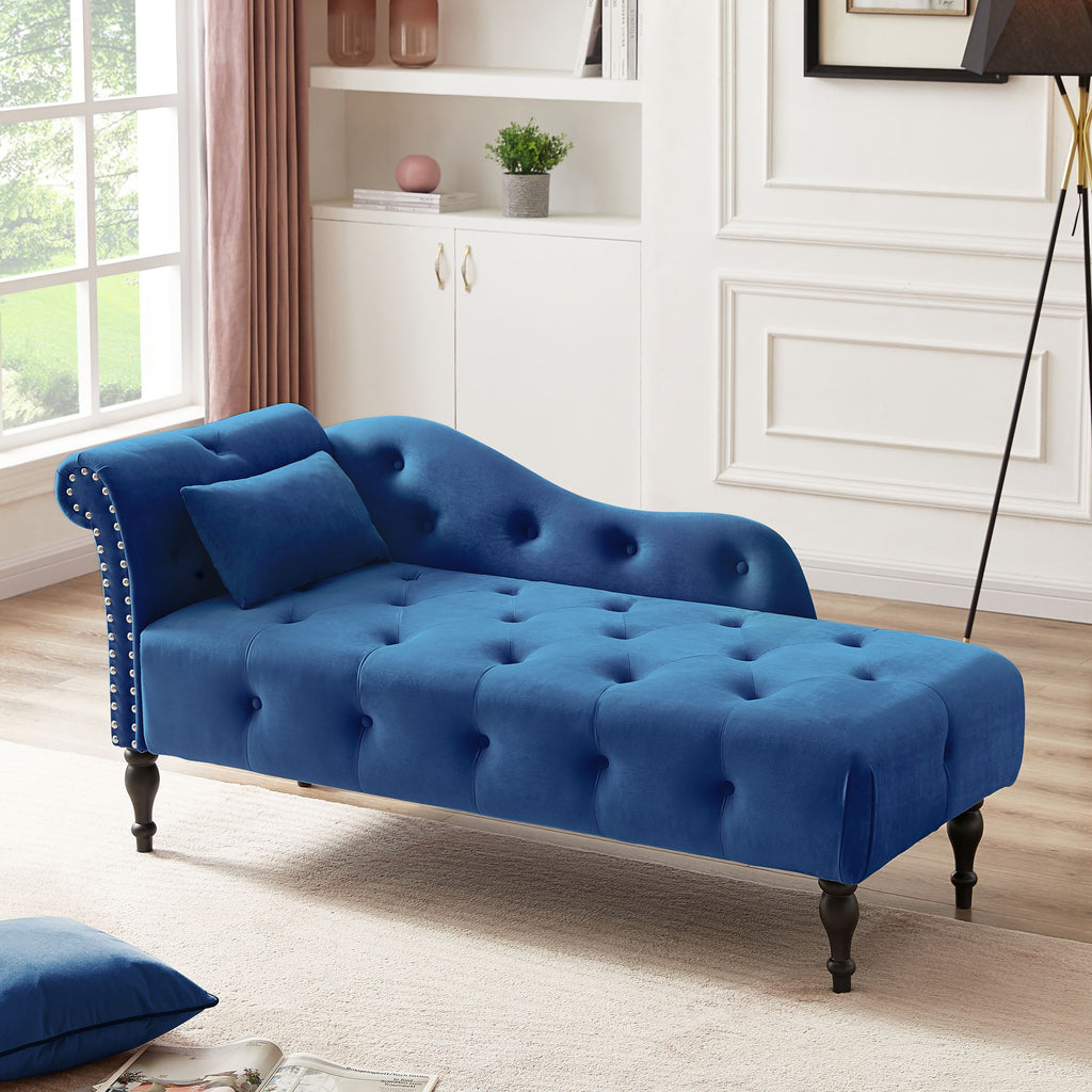 Aijia 60.6" Velvet Chaise Lounge Buttons Tufted Nailhead Trimmed Solid Wood Legs with 1 Pillow,Blue (Left Arm Design as Shown in the Picture)