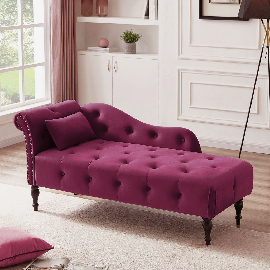 Aijia 60.6" Velvet Chaise Lounge Buttons Tufted Nailhead Trimmed Solid Wood Legs with 1 Pillow,Burgundy (Left Arm Design as Shown in the Picture)
