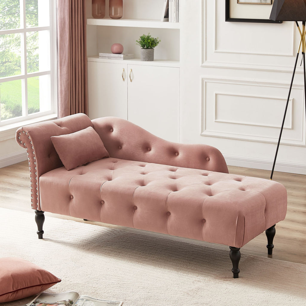 Aijia 60.6" Velvet Chaise Lounge Buttons Tufted Nailhead Trimmed Solid Wood Legs with 1 Pillow,Rose (Left Arm Design as Shown in the Picture)