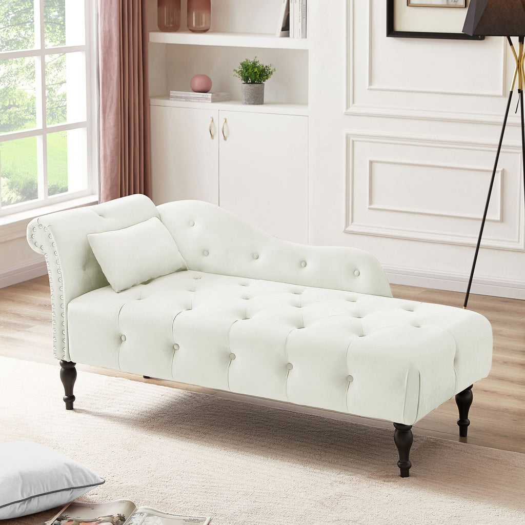 Aijia 60.6" Velvet Chaise Lounge Buttons Tufted Nailhead Trimmed Solid Wood Legs with 1 Pillow,White (Left Arm Design as Shown in the Picture)