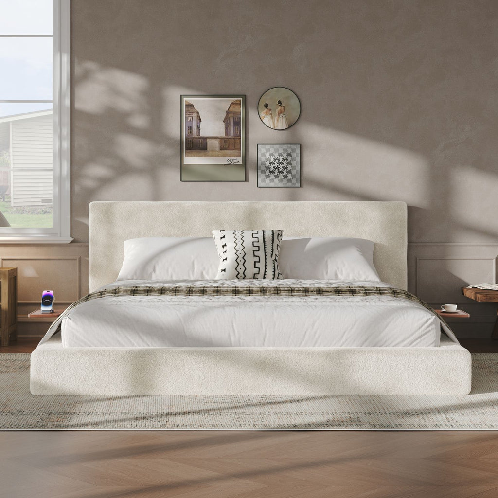 AirFrame King Bed Frame with adjustable Sliding Side Table, 8.7'' Cloud Upholstered Sponge Cushion, Easy Assembly (Off-White).