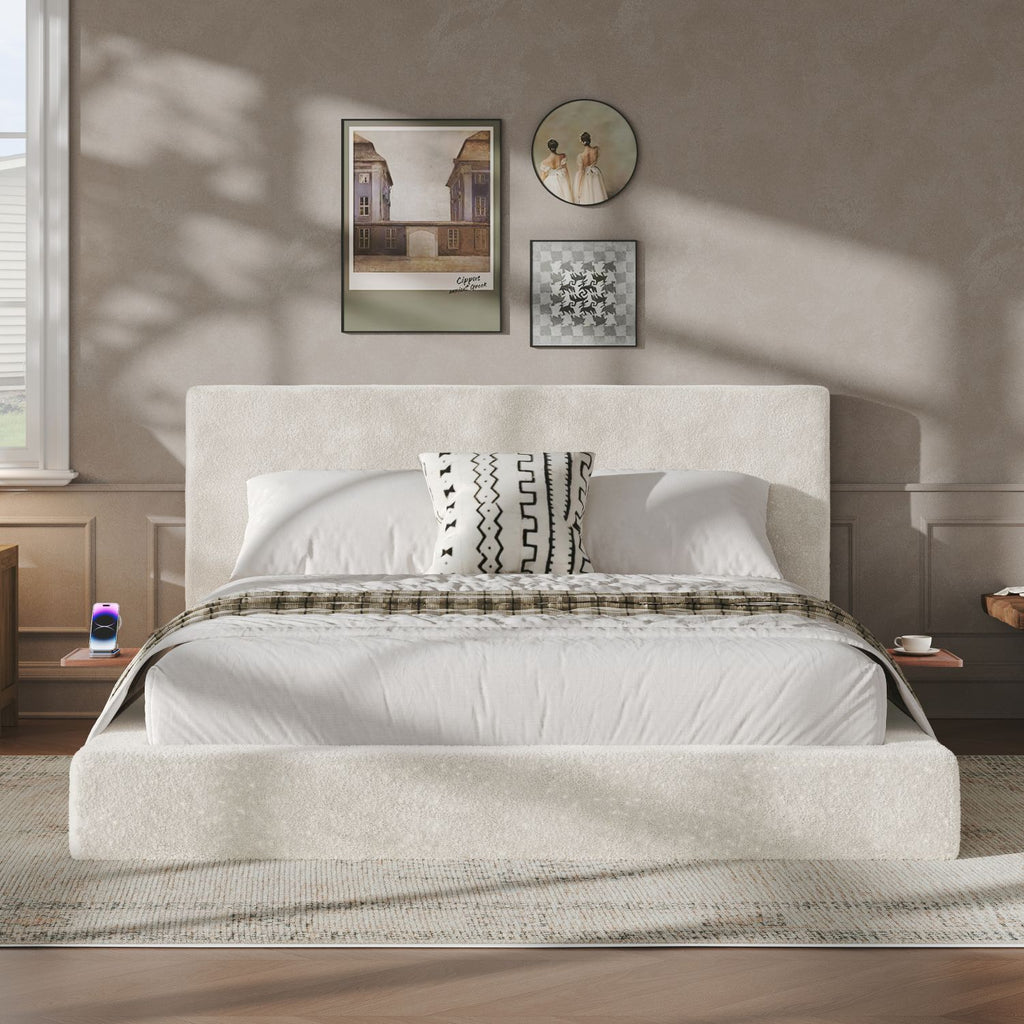 AirFrame Queen Bed Frame with adjustable Sliding Side Table, 8.7'' Cloud Upholstered Sponge Cushion, Easy Assembly (Off-White).