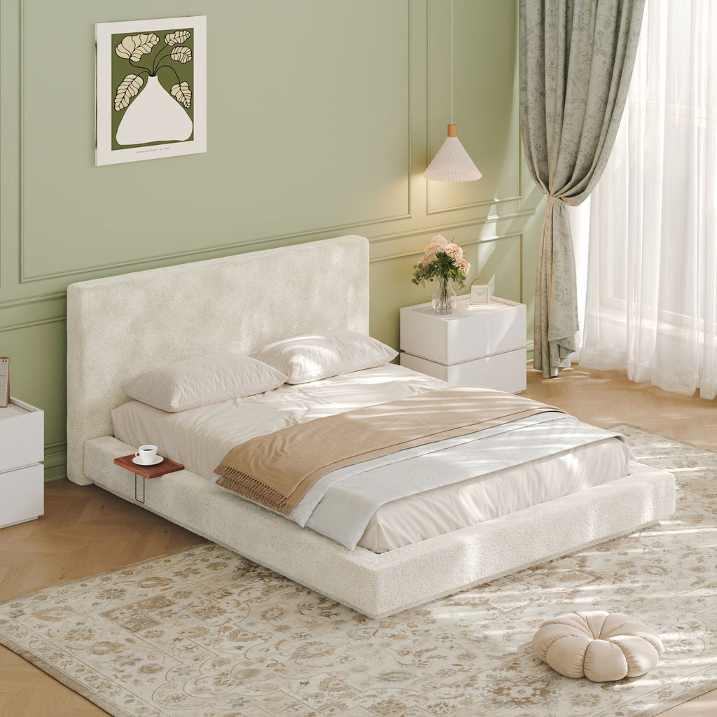 AirFrame Queen Bed Frame with Adjustable Sliding Side Table Visual Floating Effect, 8.7'' Cloud Upholstered Sponge Cushion, Easy Assembly (Off-White).