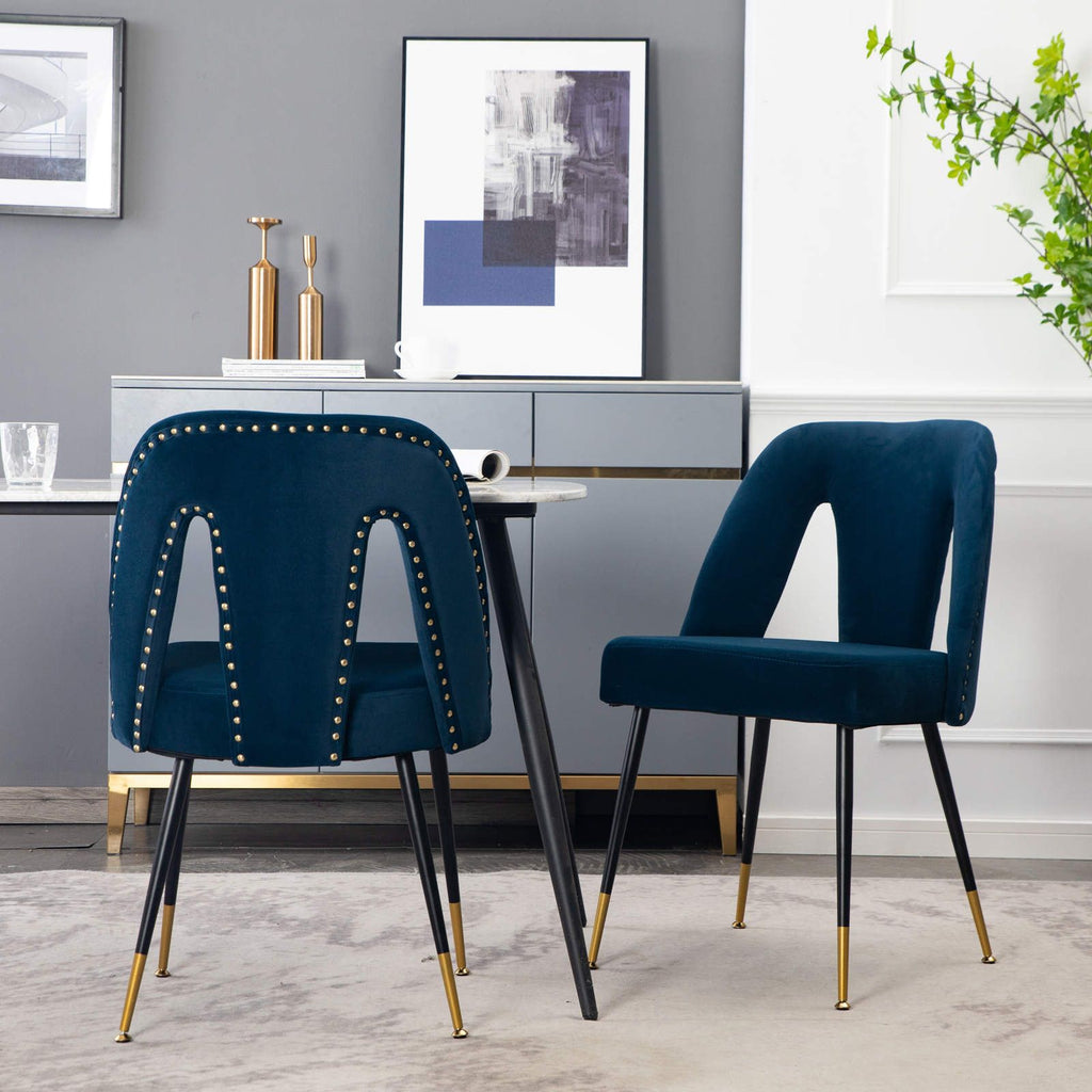 Akoya Collection Modern | Contemporary Velvet Upholstered Dining Chair with Nailheads and Gold Tipped Black Metal Legs,Blue,Set of 2