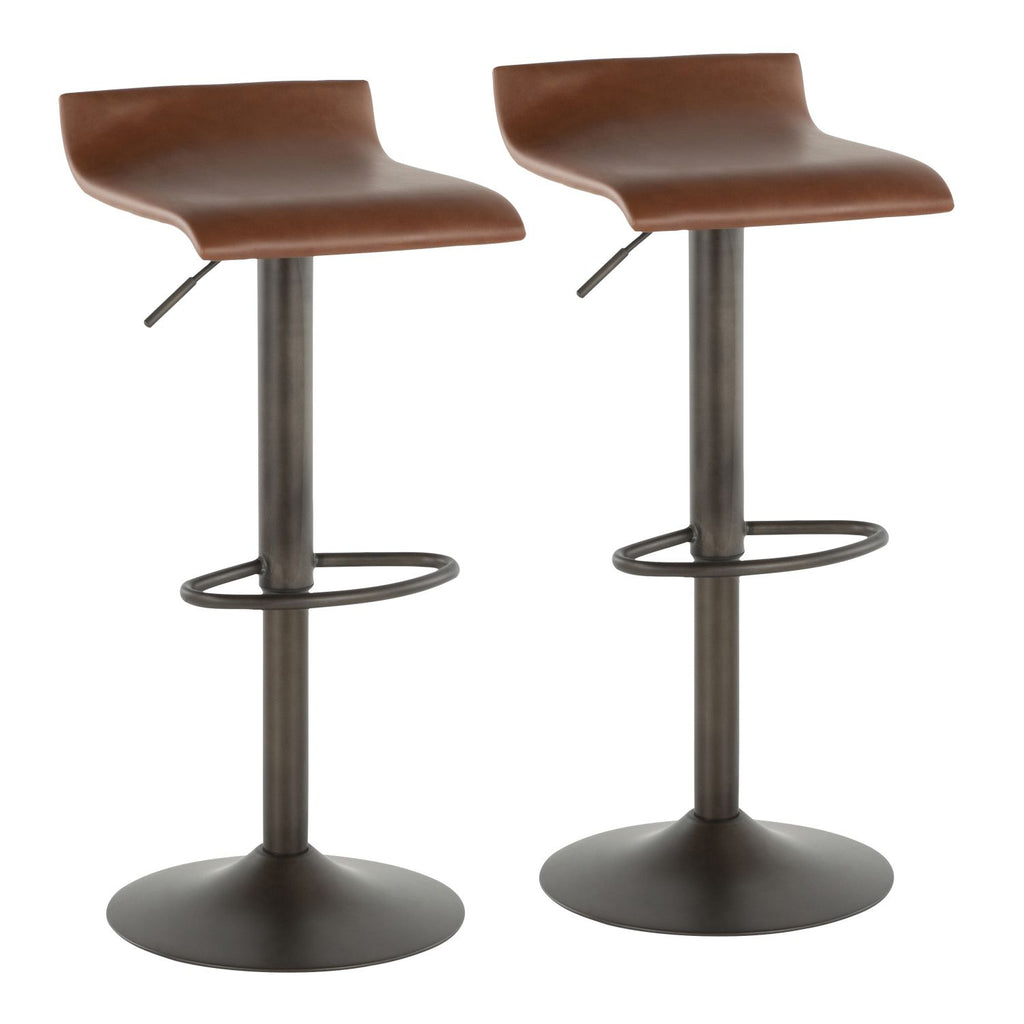 Ale Industrial Barstool in Antique Metal and Brown Faux Leather by - Set of 2
