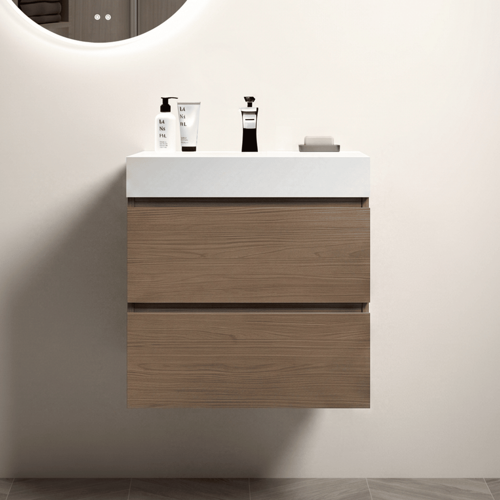 Alice 24" Brown Walnut Bathroom Vanity with Sink, Large Storage Wall Mounted Floating Bathroom Vanity for Modern Bathroom, One-Piece White Sink Basin without Drain and Faucet, Pre-assembled