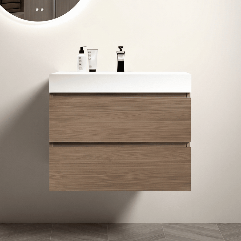 Alice 30" Brown Walnut Bathroom Vanity with Sink, Large Storage Wall Mounted Floating Bathroom Vanity for Modern Bathroom, One-Piece White Sink Basin without Drain and Faucet, Pre-assembled