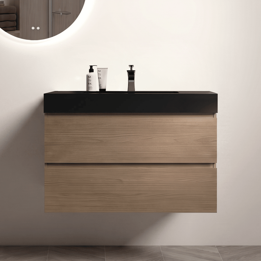 Alice 36" Brown Walnut Bathroom Vanity with Sink, Large Storage Wall Mounted Floating Bathroom Vanity for Modern Bathroom, One-Piece Black Sink Basin without Drain and Faucet, Pre-assembled