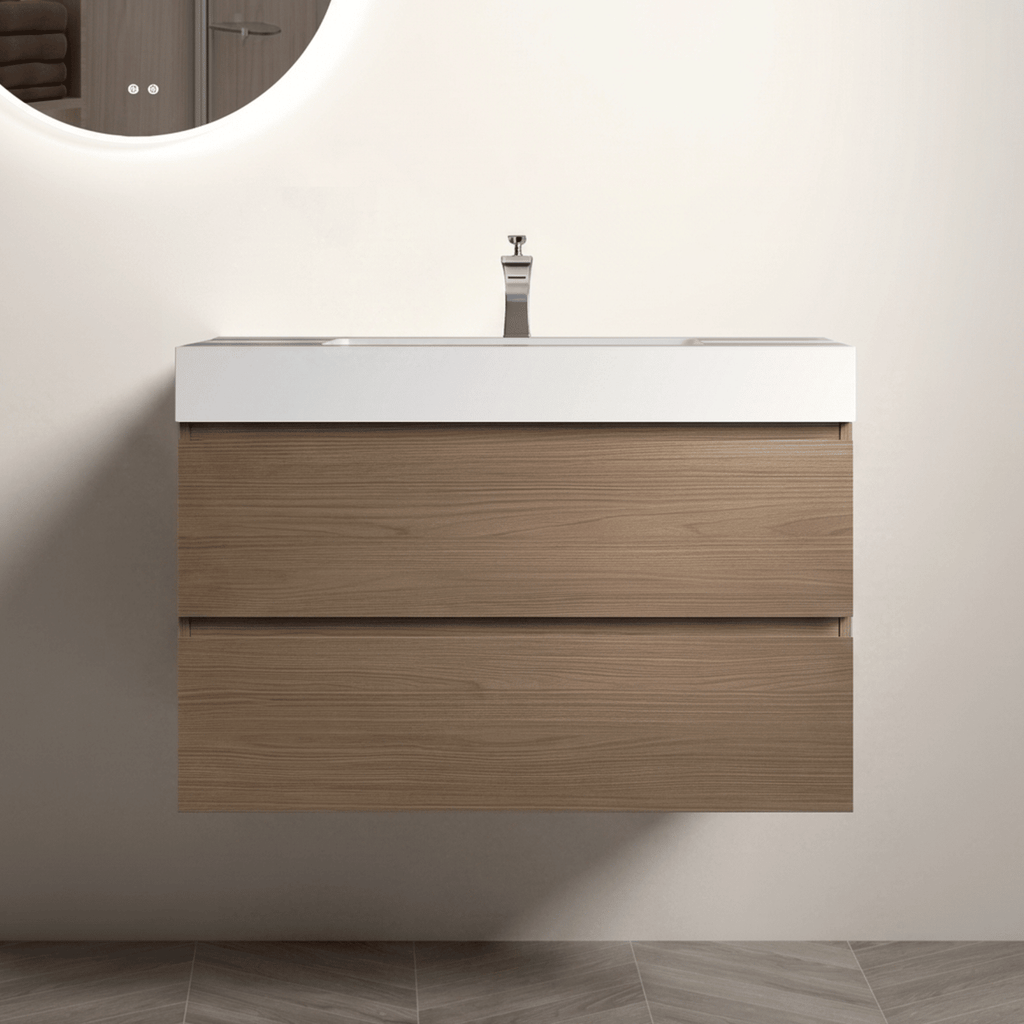 Alice 36" Brown Walnut Bathroom Vanity with Sink, Large Storage Wall Mounted Floating Bathroom Vanity for Modern Bathroom, One-Piece White Sink Basin without Drain and Faucet, Pre-assembled