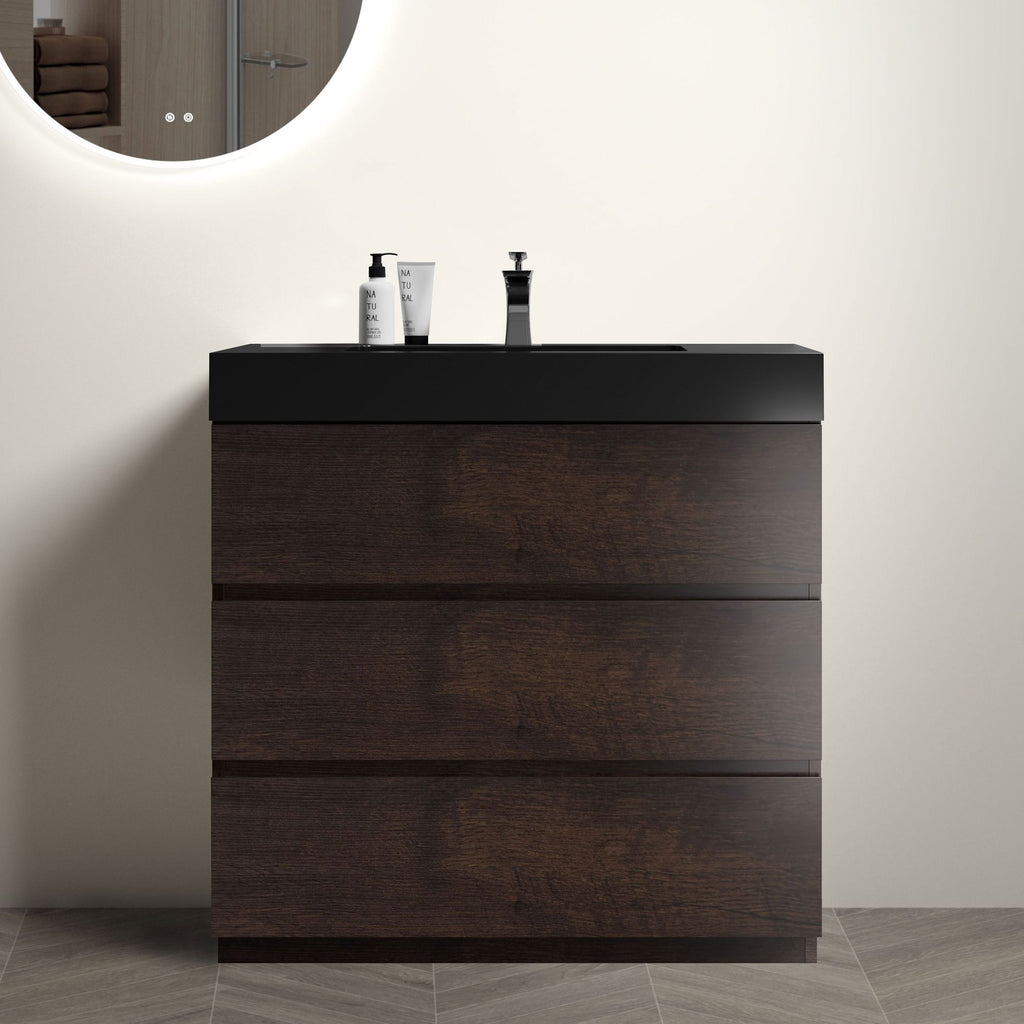 Alice 36" Walnut Bathroom Vanity with Sink, Large Storage Freestanding Bathroom Vanity for Modern Bathroom, One-Piece Black Sink Basin without Drain and Faucet, Pre-assembled