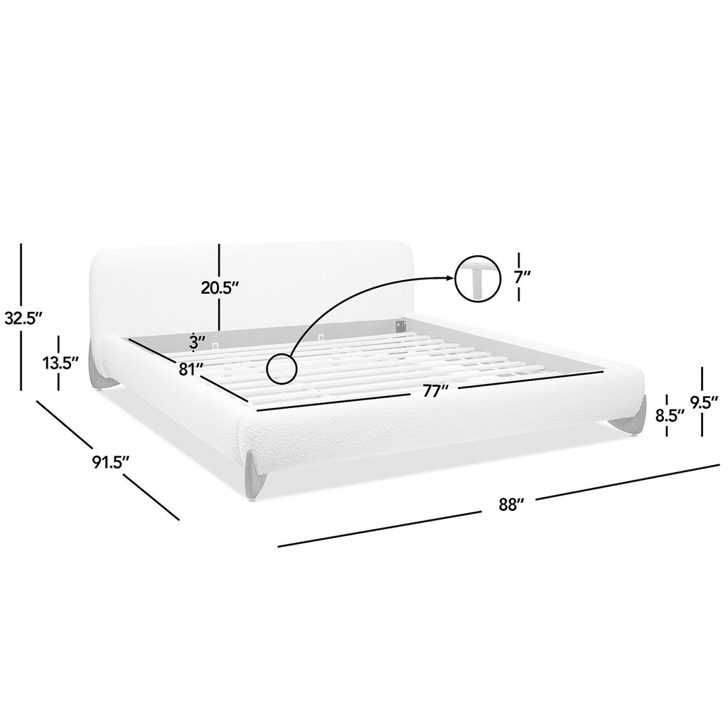 Alpine Puffy Modern Platform Bed, King, Ivory White Boucle