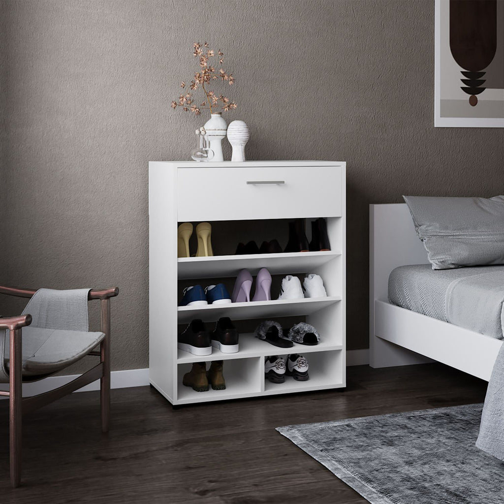 Alpine Shoe Rack, 3-Tier, One Drawer, Five Shelves, Shoe Storage, White