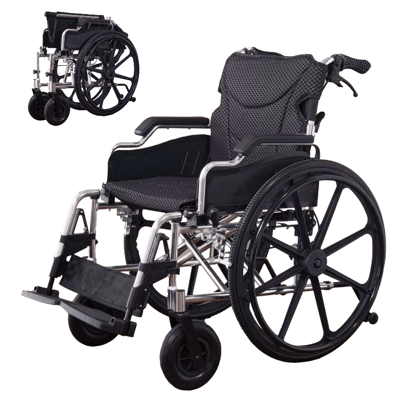 Aluminum Alloy Transport Wheelchair. 20" Seats. With front and Rear Locking Hand Brakes. 24" Quick Remove Rear Wheel.Bright Silver