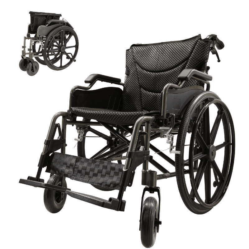 Aluminum Alloy Transport Wheelchair. 20" Seats. With front and Rear Locking Hand Brakes. 24" Quick Remove Rear Wheel.Nanometer Grey
