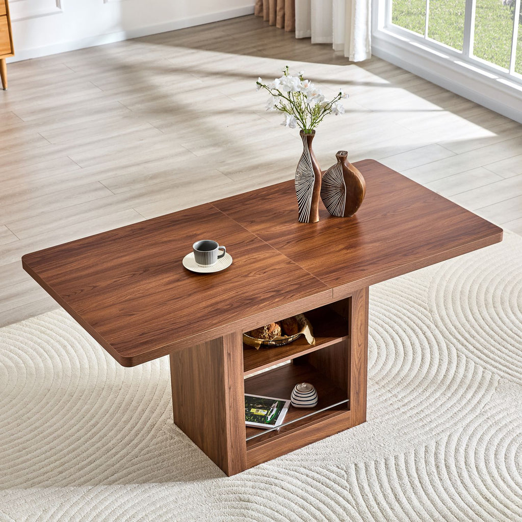 An expandable dining table with storage space ,59 inch to 71 inch expandable kitchen dining table. Walnut rectangular pull table with sturdy MDF frame in walnut color, accommodating 4-8 people.