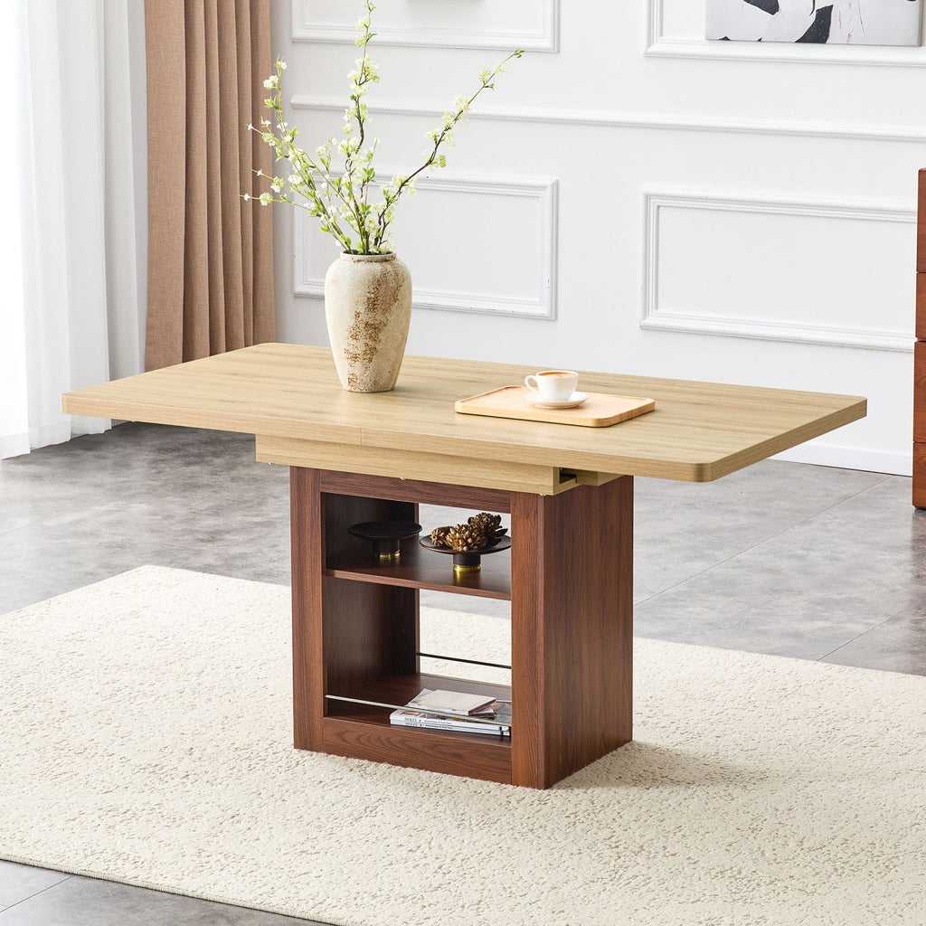 An expandable dining table with storage space, a 59 inch to 71 inch expandable kitchen dining table. Wood color rectangular pull table with sturdy MDF frame in walnut color, accommodating 4-8 people.