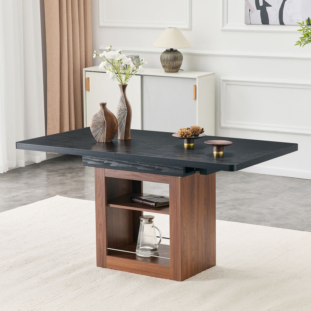 An expandable dining table with storage space and a 59 inch to 71 inch expandable kitchen dining table. Black rectangular pull table with sturdy MDF frame in walnut color, accommodating 4-8 people.