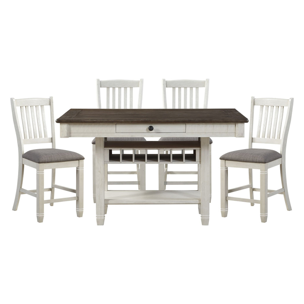 Antique White and Rosy-Brown Counter Height Dining 5pc Set Counter Height Table w Storage Display Shelf 4x Drawers Wine Rack and 4x Counter Height Chairs