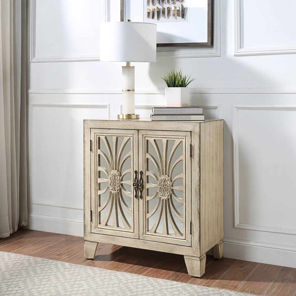 Antique White Console Table with Mirrored Doors