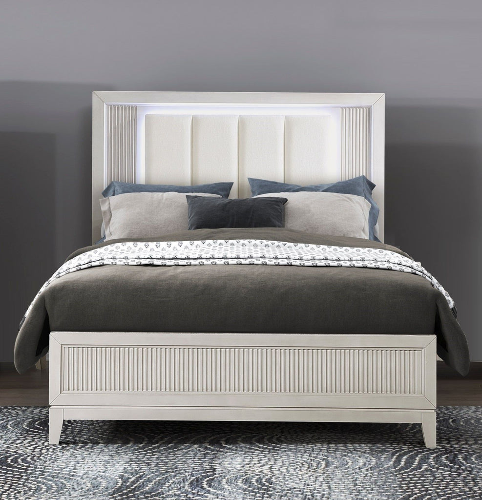 Antique White Finish King Bed with LED Headboard Upholstered Cushion Modern Bedroom Furniture 1pc, Reeded Fronts